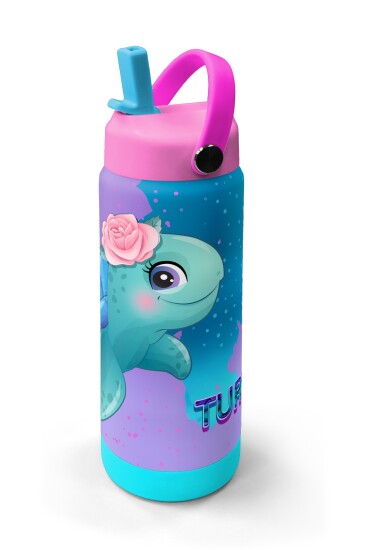Coral High Açık Pembe Mavi Kaplumbağa Desenli Katlanır Ağızlıklı Çelik Termos 650 ml 38383 - 2