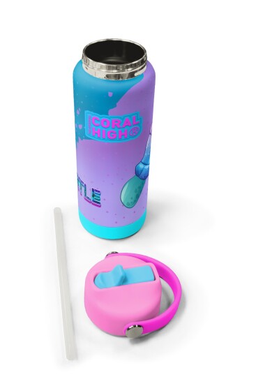 Coral High Açık Pembe Mavi Kaplumbağa Desenli Katlanır Ağızlıklı Çelik Termos 650 ml 38383 - 5