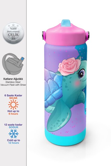 Coral High Açık Pembe Mavi Kaplumbağa Desenli Katlanır Ağızlıklı Çelik Termos 650 ml 38383 