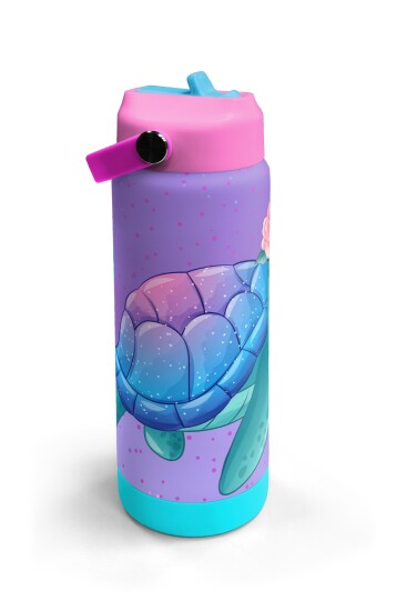 Coral High Açık Pembe Mavi Kaplumbağa Desenli Katlanır Ağızlıklı Çelik Termos 650 ml 38383 - 3