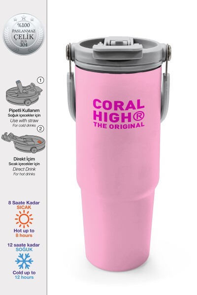Coral High Açık Pembe Pipetli ve Direkt İçim Çelik Termos 900 ml 38751 - 1