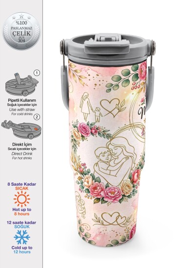 Coral High Anneler Gününe Özel Anne Erkek Çocuk Desenli Pipetli ve Direkt İçim Çelik Termos 900 ml 38763 - Coral High