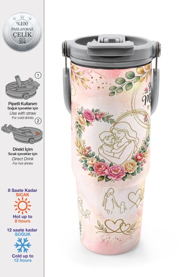 Coral High Anneler Gününe Özel Anne Erkek Çocuk Desenli Pipetli ve Direkt İçim Çelik Termos 900 ml 38763 - Coral High