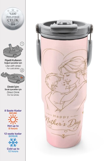 Coral High Anneler Gününe Özel Anne Erkek Çocuk Desenli Pipetli ve Direkt İçim Çelik Termos 900 ml 38764 - Coral High