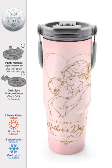 Coral High Anneler Gününe Özel Anne Erkek Çocuk Desenli Pipetli ve Direkt İçim Çelik Termos 900 ml 38764 - Coral High
