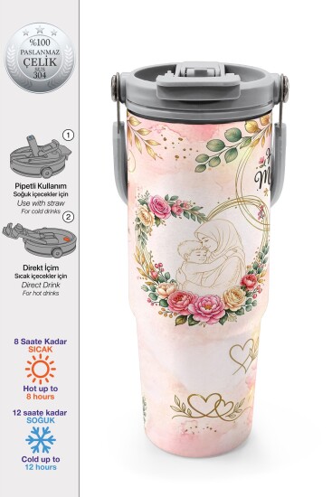 Coral High Anneler Gününe Özel Anne Erkek Çocuk Desenli Pipetli ve Direkt İçim Çelik Termos 900 ml 38766 - Coral High