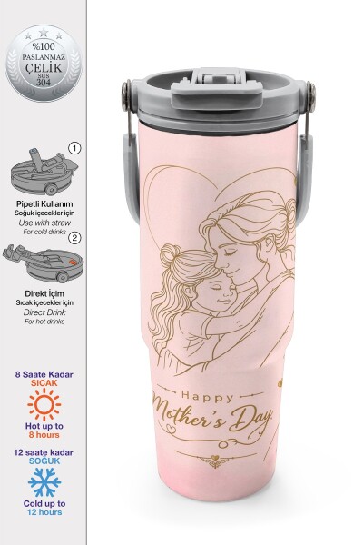 Coral High Anneler Gününe Özel Anne Kız Çocuk Desenli Pipetli ve Direkt İçim Çelik Termos 900 ml 38762 - 1