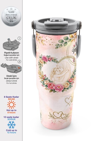 Coral High Anneler Gününe Özel Anne Kız Çocuk Desenli Pipetli ve Direkt İçim Çelik Termos 900 ml 38765 - Coral High