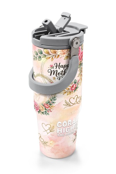 Coral High Anneler Gününe Özel Anne Kız Çocuk Desenli Pipetli ve Direkt İçim Çelik Termos 900 ml 38765 - 2