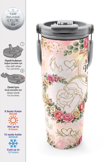 Coral High Anneler Gününe Özel Anne Kız Çocuk Desenli Pipetli ve Direkt İçim Çelik Termos 900 ml 38761 - Coral High