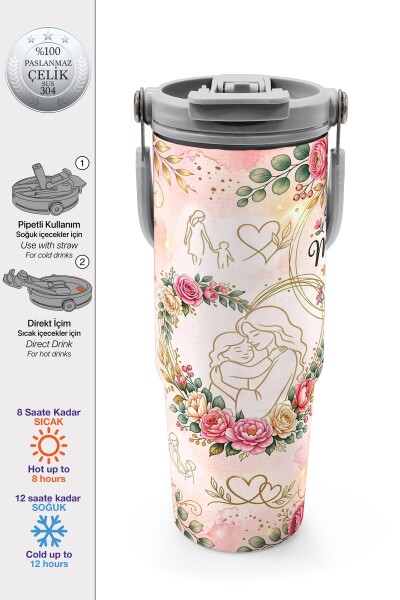 Coral High Anneler Gününe Özel Anne Kız Çocuk Desenli Pipetli ve Direkt İçim Çelik Termos 900 ml 38761 - 1