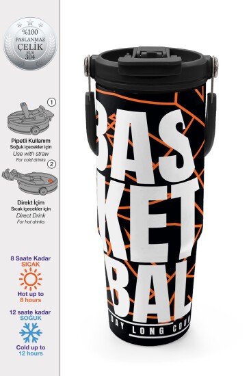 Coral High Basketbol Desenli Pipetli ve Direkt İçim Çelik Termos 900 ml 38743 - 1