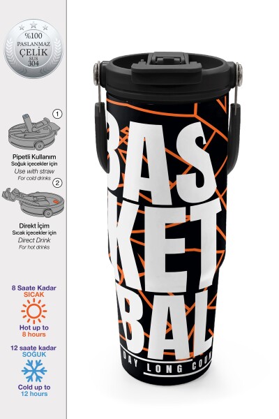 Coral High Basketbol Desenli Pipetli ve Direkt İçim Çelik Termos 900 ml 38743 - 1