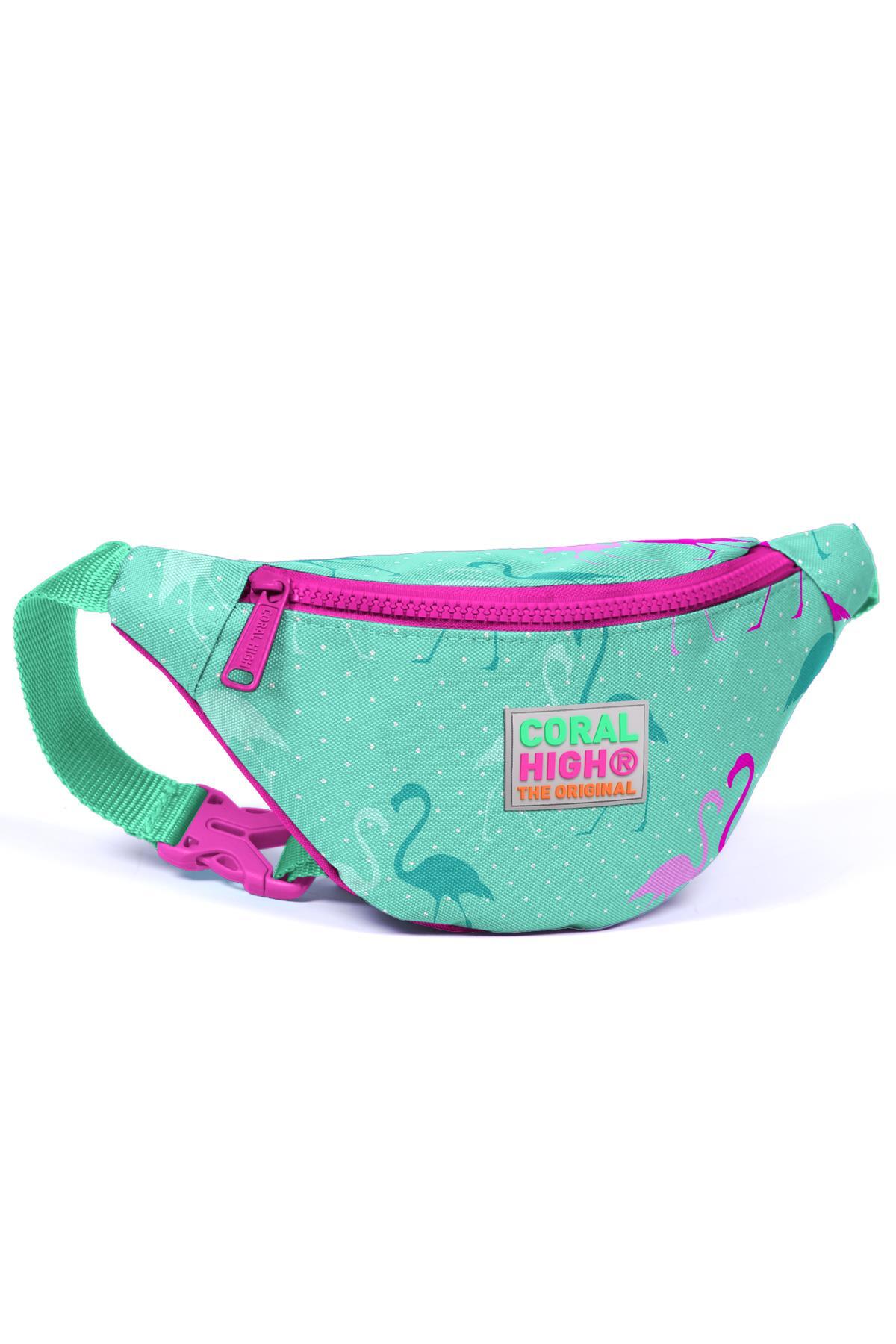 Coral High Kids Su Yeşili Neon Pembe Flamingo Desenli Bel Çantası 22571