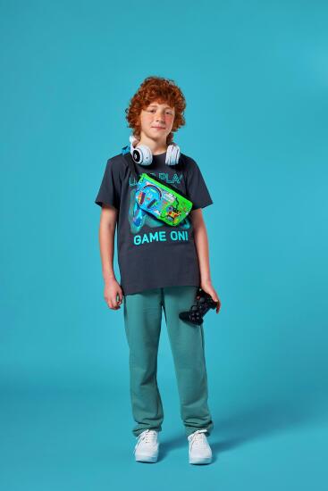 Coral High Kids Siyah Fosforlu Yeşil Kulaklık Game Desenli Bel Çantası 11559 - 2