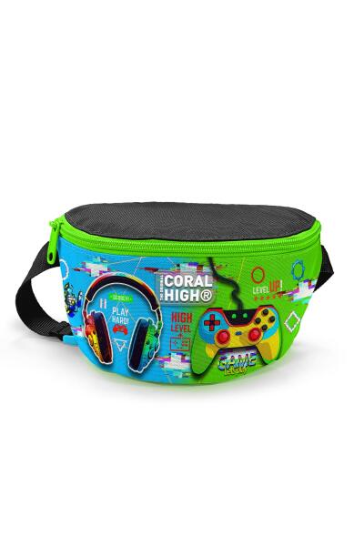 Coral High Kids Siyah Fosforlu Yeşil Kulaklık Game Desenli Bel Çantası 11559 - 1