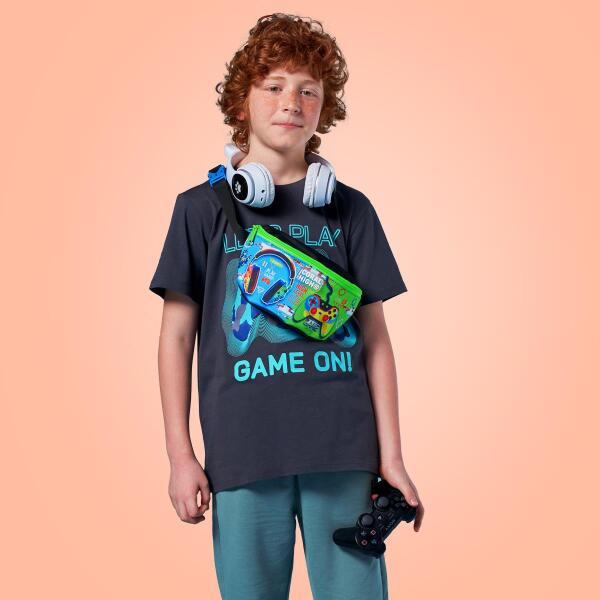 Coral High Kids Siyah Fosforlu Yeşil Kulaklık Game Desenli Bel Çantası 11559 - 4