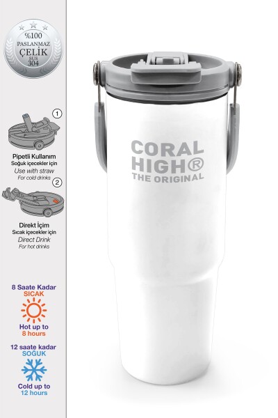 Coral High Beyaz Pipetli ve Direkt İçim Çelik Termos 900 ml 38749 - 1