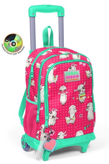 Coral High Kids Neon Mercan Su Yeşili Alpaka Desenli Üç Bölmeli Çekçekli Okul Sırt Çantası 23364 - Coral High KIDS