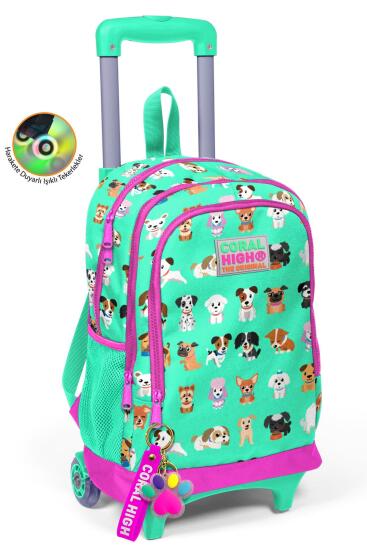 Coral High Kids Su Yeşili Neon Pembe Köpek Desenli Üç Bölmeli Çekçekli Okul Sırt Çantası 23362 - Coral High KIDS