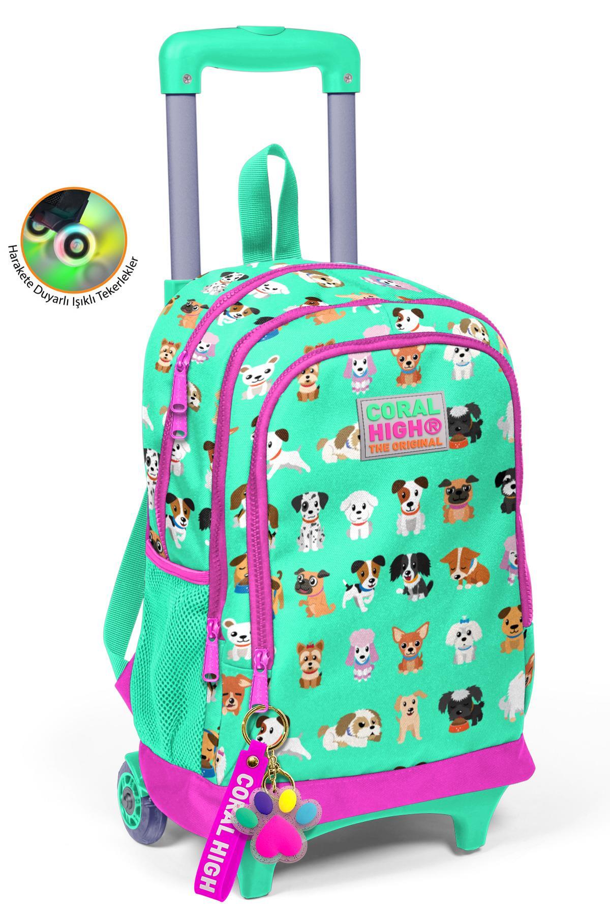 Coral High Kids Su Yeşili Neon Pembe Köpek Desenli Üç Bölmeli Çekçekli Okul Sırt Çantası 23362