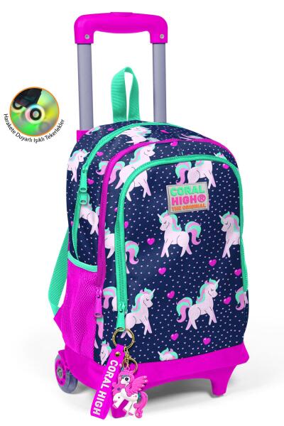 Coral High Kids Lacivert Pembe Unicorn Desenli Üç Bölmeli Çekçekli Sırt Çantası 23366 - 1