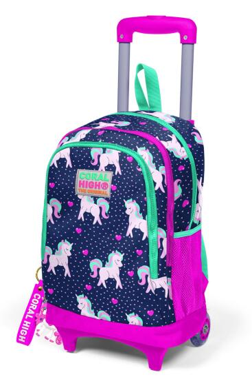 Coral High Kids Lacivert Pembe Unicorn Desenli Üç Bölmeli Çekçekli Sırt Çantası 23366 - 6