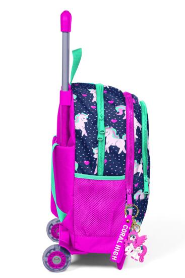 Coral High Kids Lacivert Pembe Unicorn Desenli Üç Bölmeli Çekçekli Sırt Çantası 23366 - 8