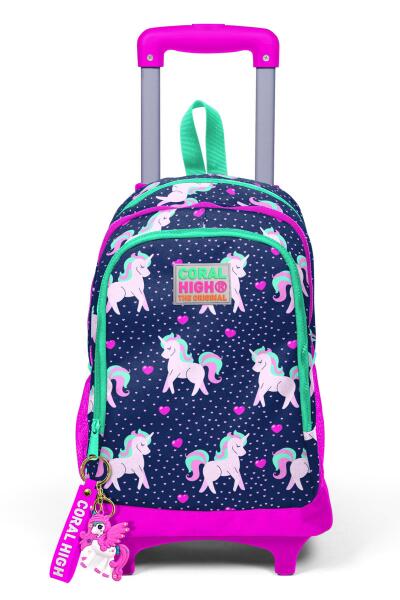 Coral High Kids Lacivert Pembe Unicorn Desenli Üç Bölmeli Çekçekli Sırt Çantası 23366 - 9