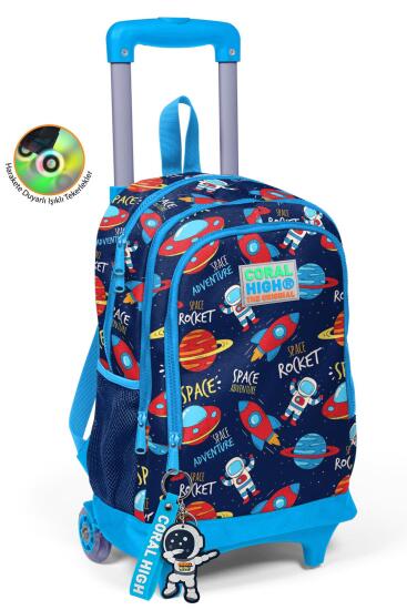 Coral High Kids Lacivert Mavi Uzay Desenli Üç Bölmeli Çekçekli Okul Sırt Çantası 23376 - Coral High KIDS