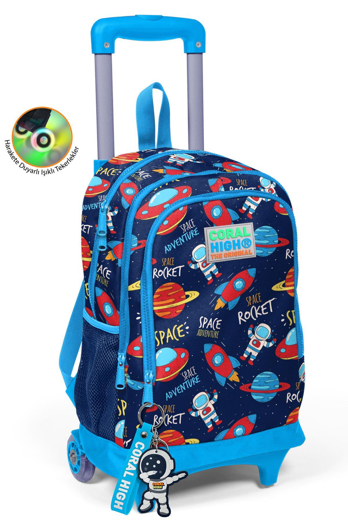 Coral High Kids Lacivert Mavi Uzay Desenli Üç Bölmeli Çekçekli Okul Sırt Çantası 23376