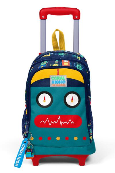 Coral High Kids Lacivert Çivit Robot Desenli Üç Bölmeli Çekçekli Okul Sırt Çantası 23380 - 7