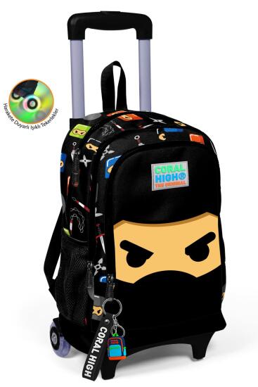 Coral High Kids Siyah Ninja Desenli Üç Bölmeli Çekçekli Okul Sırt Çantası 23381 