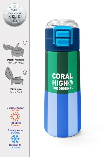 Coral High Kids Mavi Yeşil Çizgi Desenli Pipetli ve Direkt İçim Çelik Termos 500 ml 38111 - Coral High