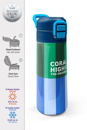 Coral High Kids Mavi Yeşil Çizgi Desenli Pipetli ve Direkt İçim Çelik Termos 500 ml 38111 