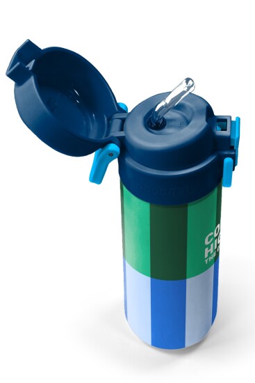 Coral High Kids Mavi Yeşil Çizgi Desenli Pipetli ve Direkt İçim Çelik Termos 500 ml 38111 - 2