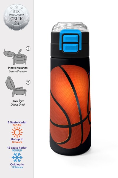 Coral High Kids Siyah Basketbol Desenli Pipetli ve Direkt İçim Çelik Termos 500 ml 31795 - 1