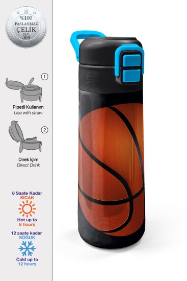 Coral High Kids Siyah Basketbol Desenli Pipetli ve Direkt İçim Çelik Termos 500 ml 31795 