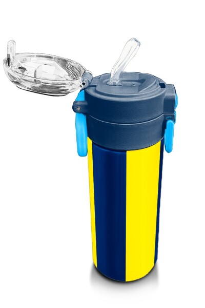 Coral High Kids Sarı Lacivert Çubuklu Pipetli ve Direkt İçim Çelik Termos 500 ml 31791 - 5