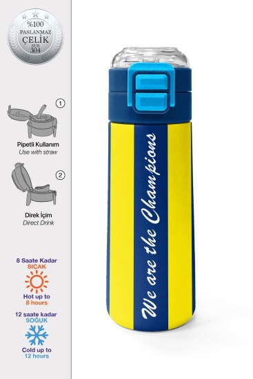 Coral High Kids Sarı Lacivert Çubuklu Pipetli ve Direkt İçim Çelik Termos 500 ml 31791 - Coral High KIDS