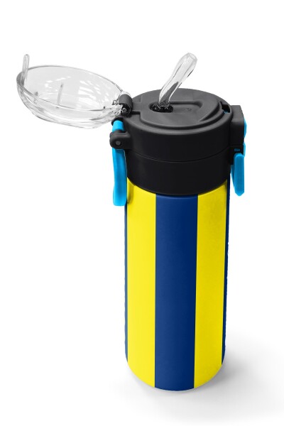 Coral High Kids Sarı Lacivert Çubuklu Pipetli ve Direkt İçim Çelik Termos 500 ml 31791 - 5