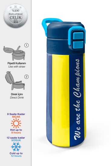 Coral High Kids Sarı Lacivert Çubuklu Pipetli ve Direkt İçim Çelik Termos 500 ml 31791 - Coral High KIDS