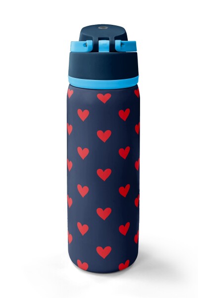 Coral High Lacivert Kırmızı Kalp Desenli Pipetli ve Direkt İçim Çelik Termos 800 ml 38507 - 6