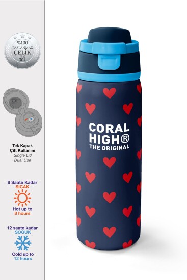 Coral High Lacivert Kırmızı Kalp Desenli Pipetli ve Direkt İçim Çelik Termos 800 ml 38507 