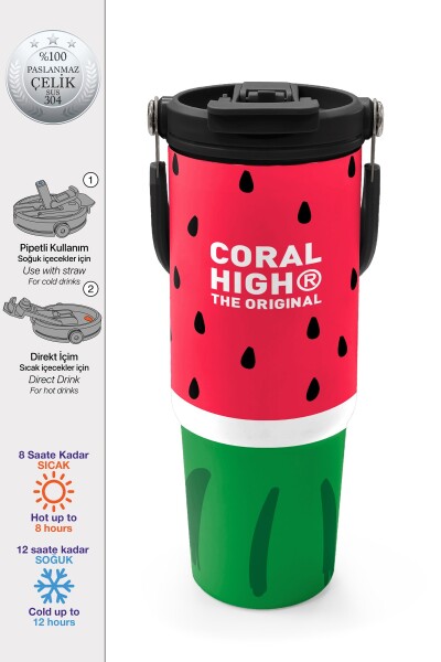 Coral High Kids Kırmızı Yeşil Karpuz Desenli Pipetli ve Direkt İçim Çelik Termos 900 ml 38745 - 1