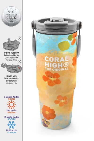 Coral High Çicek Desenli Pipetli ve Direkt İçim Çelik Termos 900 ml 38739 - 1