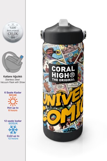 Coral High Çizgi Roman Desenli Katlanır Ağızlıklı Çelik Termos 650 ml 38315 - 1