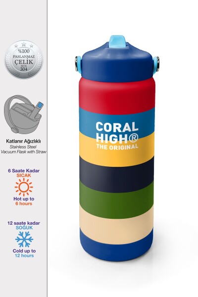 Coral High Çok Renkli Çizgi Desenli Katlanır Ağızlıklı Çelik Termos 650 ml 38312 - 1