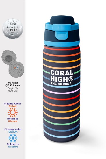 Coral High Çok Renkli Çizgi Desenli Pipetli ve Direkt İçim Çelik Termos 800 ml 38509 