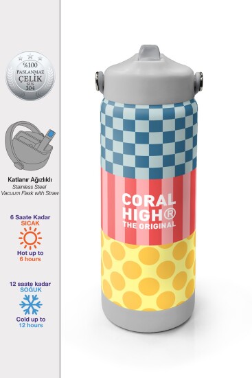 Coral High Çok Renkli Dama Çizgi Puantiye Desenli Katlanır Ağızlıklı Çelik Termos 650 ml 38304 - 1